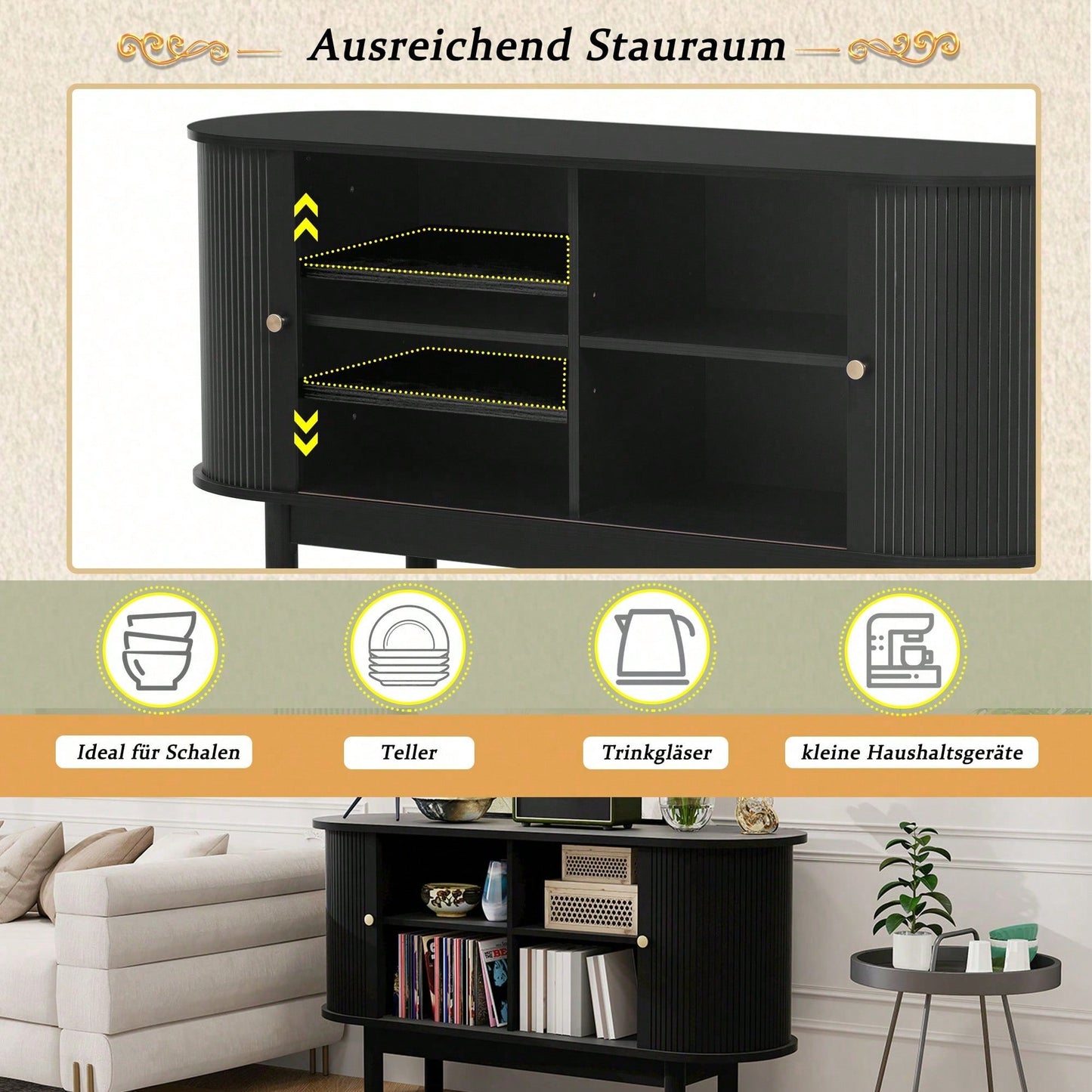 Retro Modernes Holz Sideboard, Lamellen Schrank Sideboard mit Schiebetüren und Kiefernholzbeinen, 138cm Schrank mit verstellbaren Einlegeböden fur Esszimmer, Küche, Flur, Schwarz