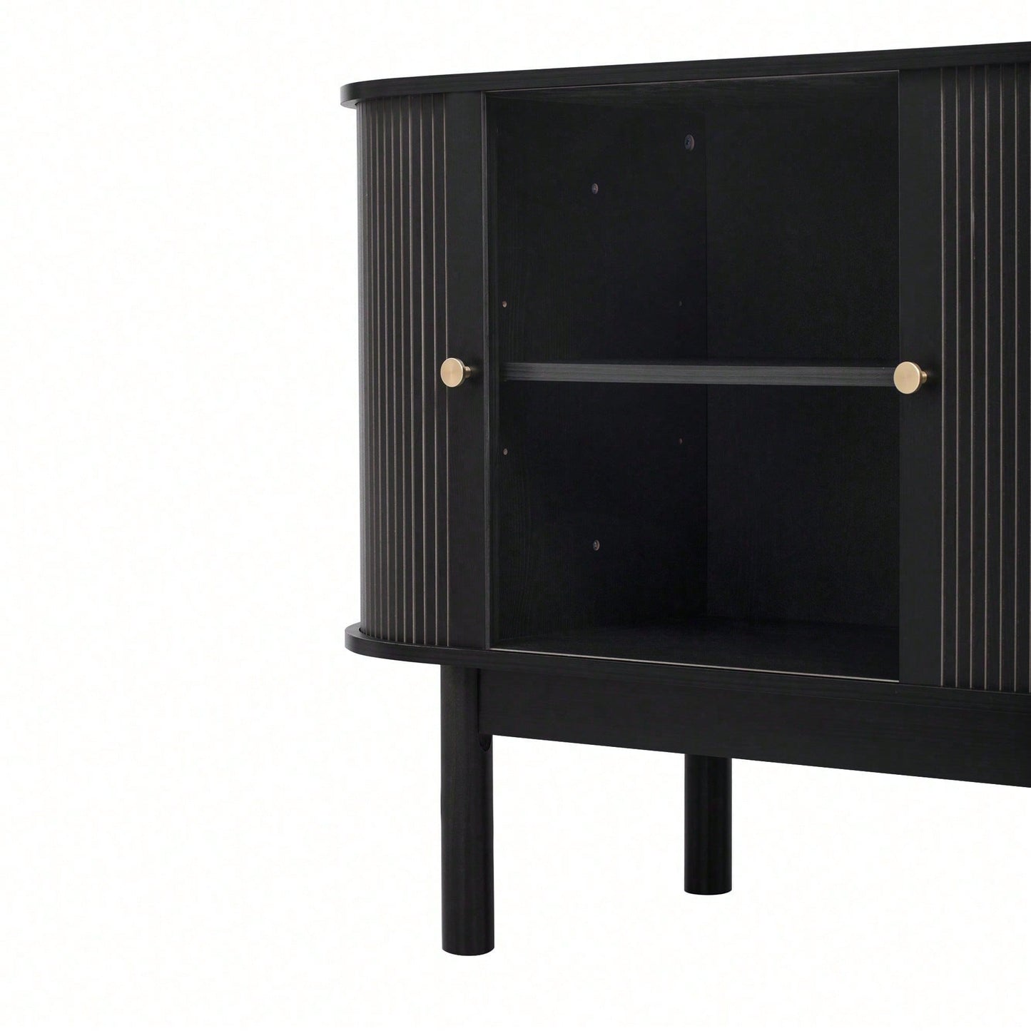 Retro Modernes Holz Sideboard, Lamellen Schrank Sideboard mit Schiebetüren und Kiefernholzbeinen, 138cm Schrank mit verstellbaren Einlegeböden fur Esszimmer, Küche, Flur, Schwarz