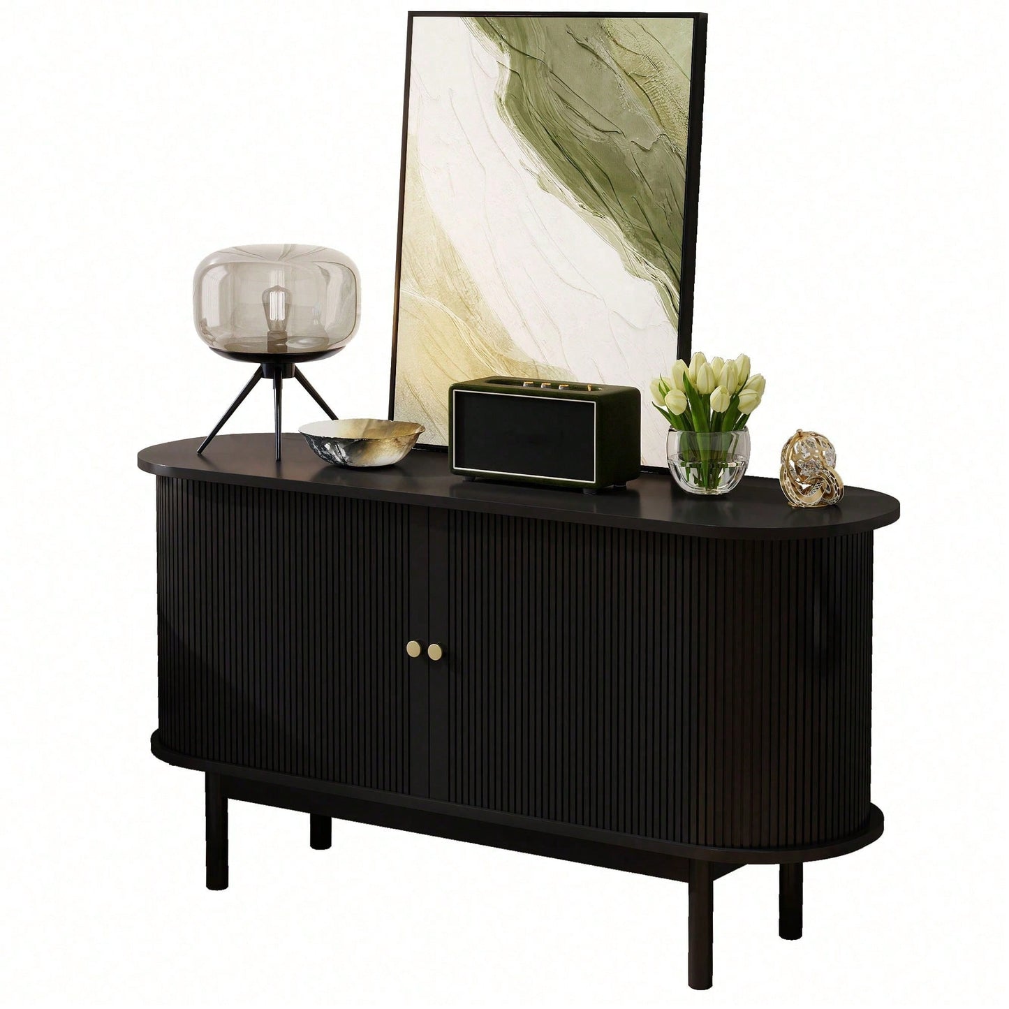 Retro Modernes Holz Sideboard, Lamellen Schrank Sideboard mit Schiebetüren und Kiefernholzbeinen, 138cm Schrank mit verstellbaren Einlegeböden fur Esszimmer, Küche, Flur, Schwarz
