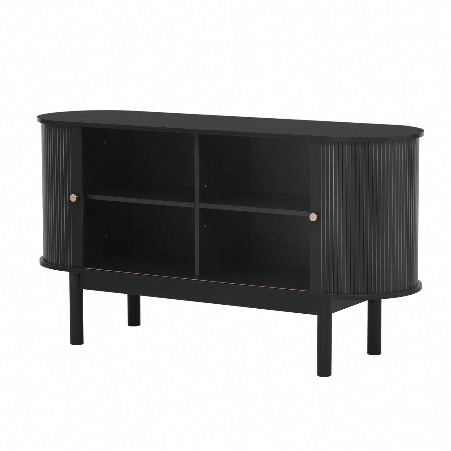 Retro Modernes Holz Sideboard, Lamellen Schrank Sideboard mit Schiebetüren und Kiefernholzbeinen, 138cm Schrank mit verstellbaren Einlegeböden fur Esszimmer, Küche, Flur, Schwarz
