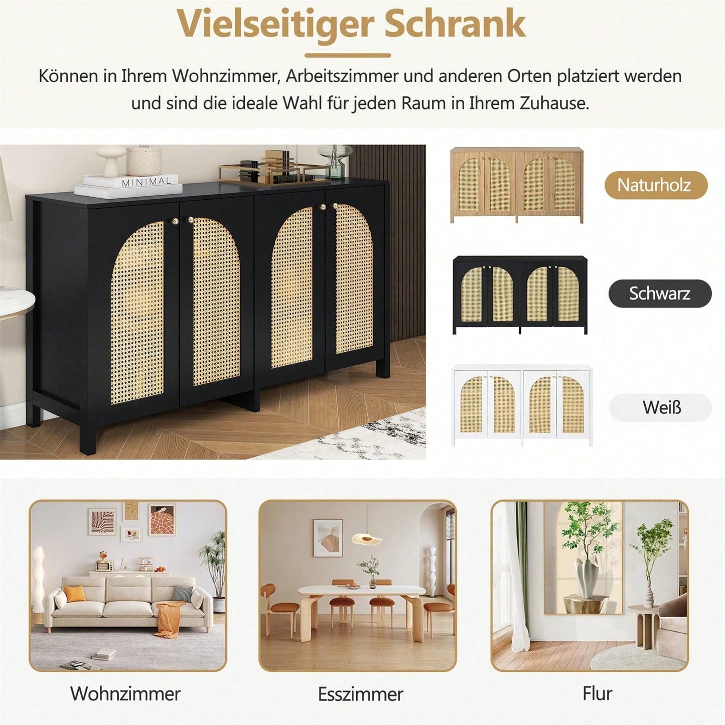 Modernes Sideboard im minimalistischen Stil 4-Rattantür, Metallgriff einfaches Buffetschrank für Esszimmer, Wohnzimmer, Küche (Naturholz)