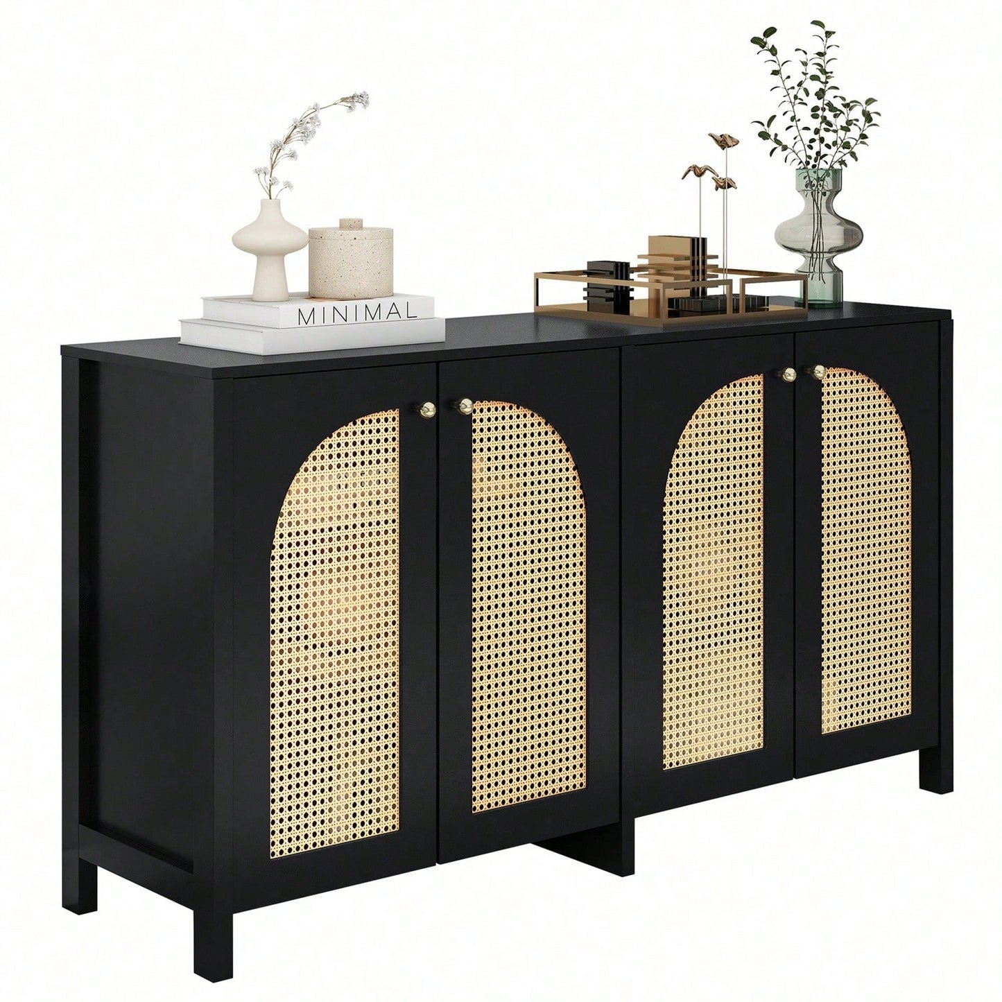 Modernes Sideboard im minimalistischen Stil 4-Rattantür, Metallgriff einfaches Buffetschrank für Esszimmer, Wohnzimmer, Küche (Naturholz)