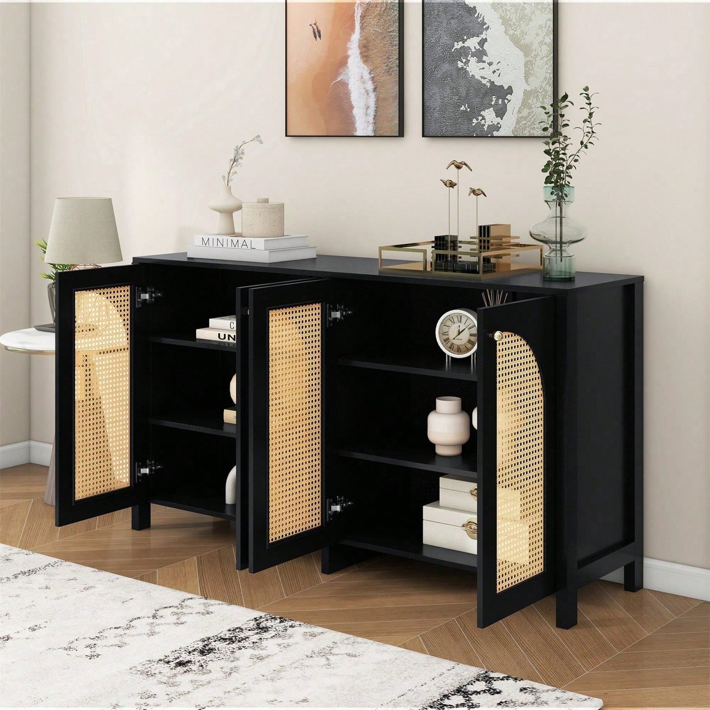 Modernes Sideboard im minimalistischen Stil 4-Rattantür, Metallgriff einfaches Buffetschrank für Esszimmer, Wohnzimmer, Küche (Naturholz)