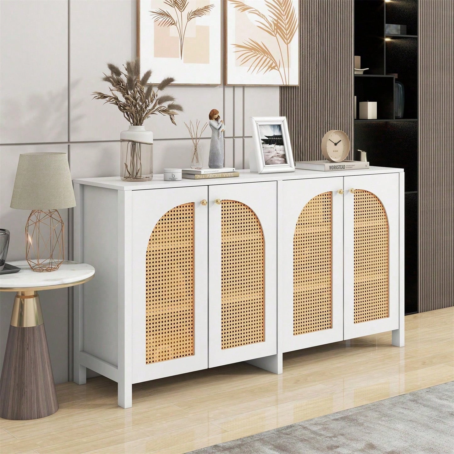 Modernes Sideboard im minimalistischen Stil 4-Rattantür, Metallgriff einfaches Buffetschrank für Esszimmer, Wohnzimmer, Küche (Naturholz)