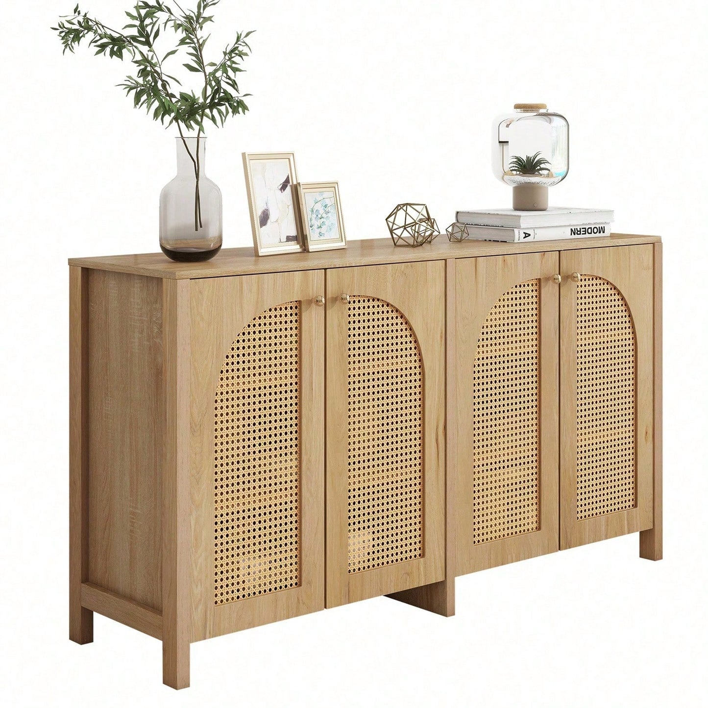 Modernes Sideboard im minimalistischen Stil 4-Rattantür, Metallgriff einfaches Buffetschrank für Esszimmer, Wohnzimmer, Küche (Naturholz)