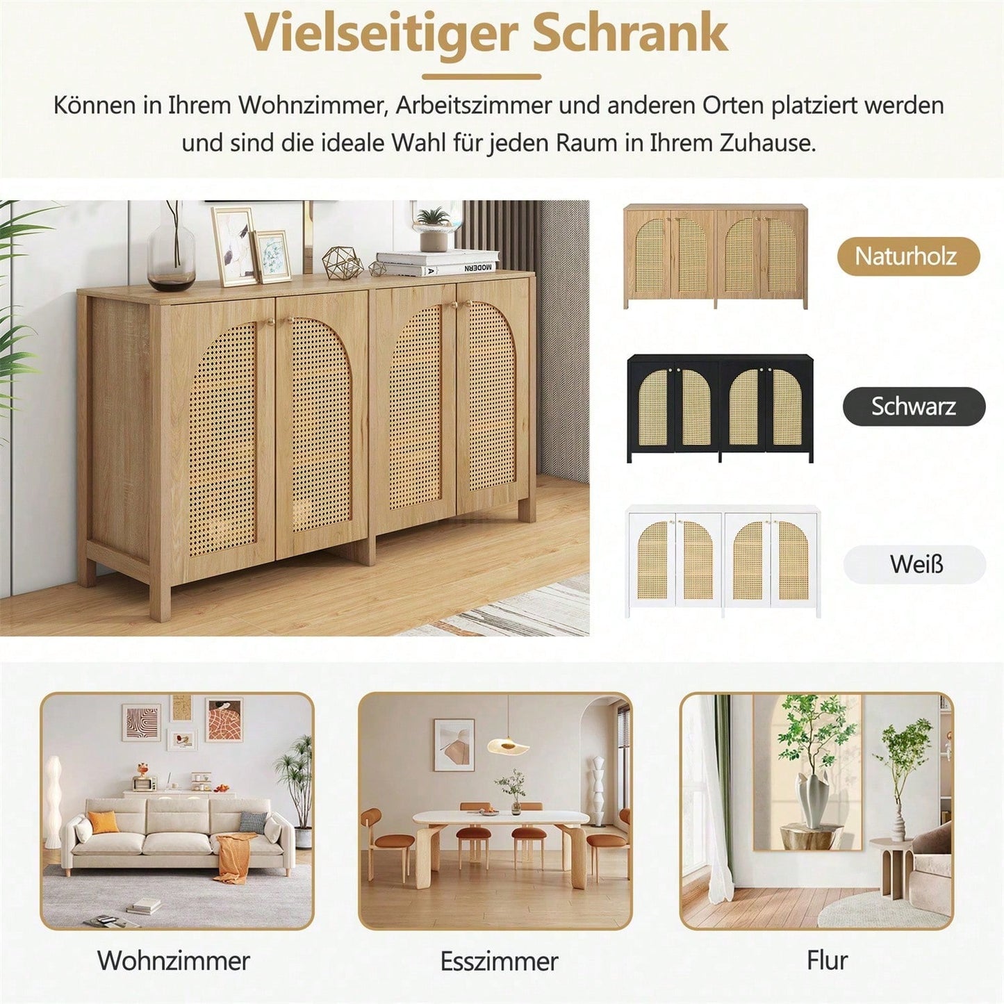 Modernes Sideboard im minimalistischen Stil 4-Rattantür, Metallgriff einfaches Buffetschrank für Esszimmer, Wohnzimmer, Küche (Naturholz)
