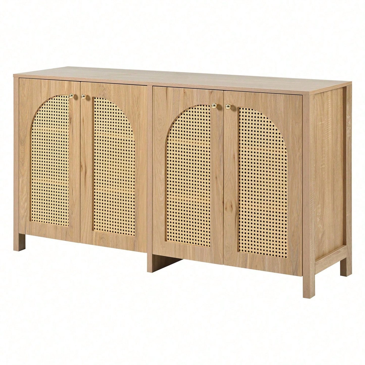 Modernes Sideboard im minimalistischen Stil 4-Rattantür, Metallgriff einfaches Buffetschrank für Esszimmer, Wohnzimmer, Küche (Naturholz)
