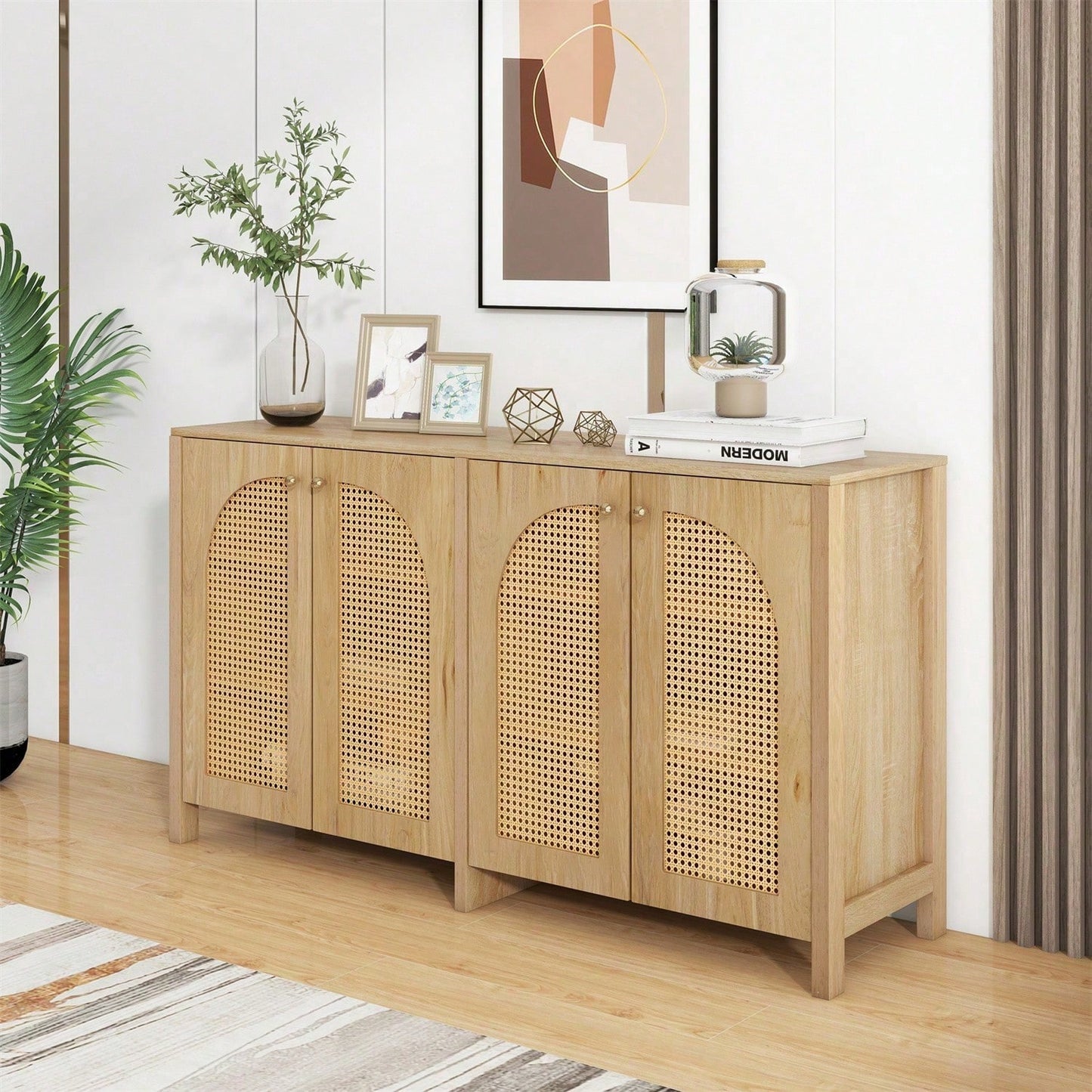 Modernes Sideboard im minimalistischen Stil 4-Rattantür, Metallgriff einfaches Buffetschrank für Esszimmer, Wohnzimmer, Küche (Naturholz)