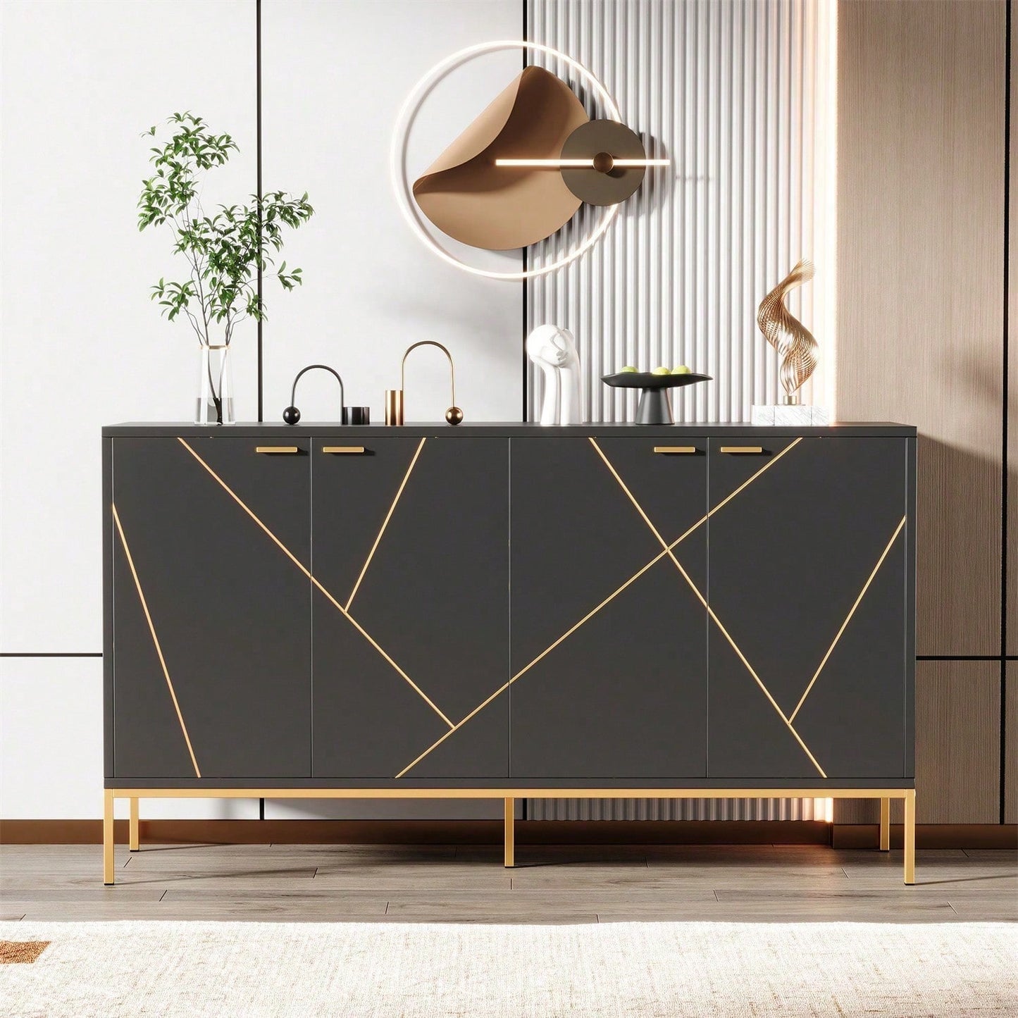 Sideboard mit vier Türen, Metallfüßen, TV-Schrank, Kleiderschrank, geradliniges Design mit Metalllinien-Dekor, Schwarz+Golden, Maße: H 80cm / B 150 cm / T 40 cm
