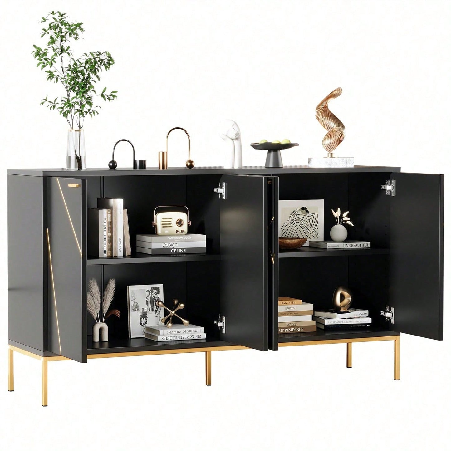 Sideboard mit vier Türen, Metallfüßen, TV-Schrank, Kleiderschrank, geradliniges Design mit Metalllinien-Dekor, Schwarz+Golden, Maße: H 80cm / B 150 cm / T 40 cm