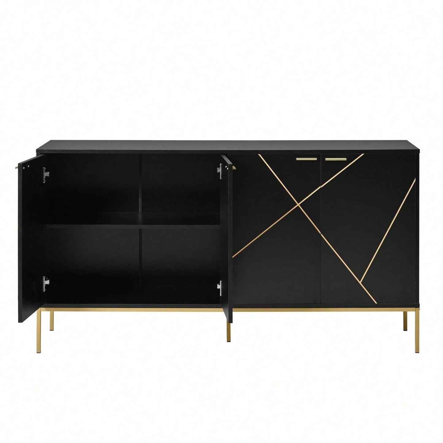 Sideboard mit vier Türen, Metallfüßen, TV-Schrank, Kleiderschrank, geradliniges Design mit Metalllinien-Dekor, Schwarz+Golden, Maße: H 80cm / B 150 cm / T 40 cm
