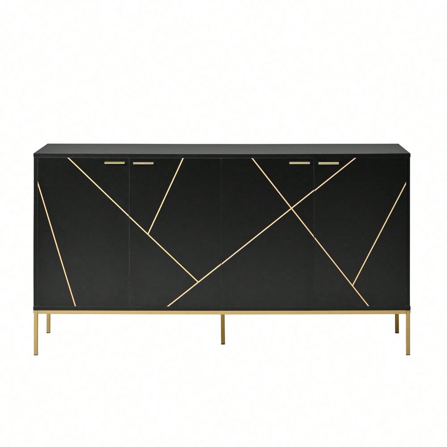 Sideboard mit vier Türen, Metallfüßen, TV-Schrank, Kleiderschrank, geradliniges Design mit Metalllinien-Dekor, Schwarz+Golden, Maße: H 80cm / B 150 cm / T 40 cm
