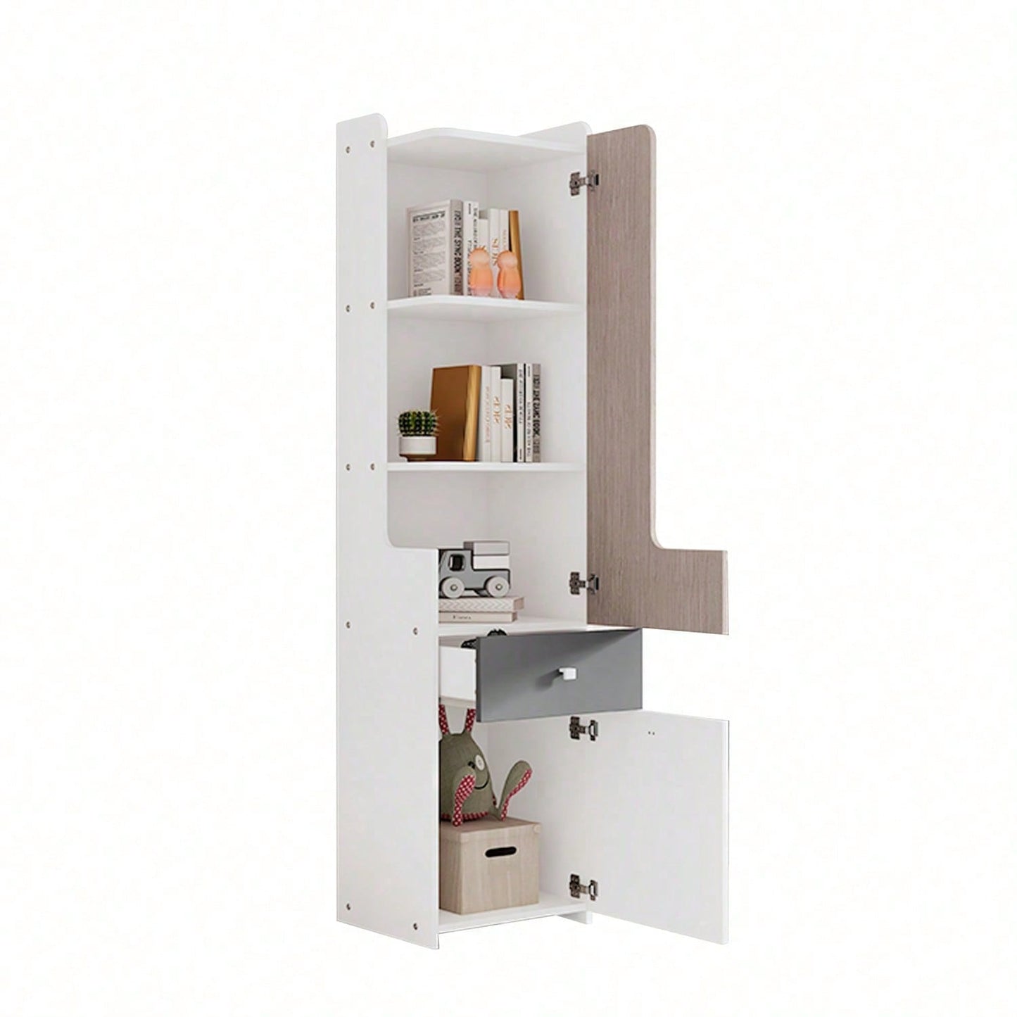 Hohes Bücherregal, Teenager-Regal mit L-förmigen Tür, mit Schublade, Aufbewahrungsschränke, Türen mit Scharnieren, mit quadratische Metallknöpfe, MDF, Weiß + helle Ulmefarbe + Grau