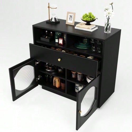 Küchenschrank, Sideboard mit Glastüren, Aufbewahrungsschrank, Buffetschrank für Küche, Esszimmer und Wohnzimmer, Modernes schwarzes Sideboard, 100*40*90.5cm