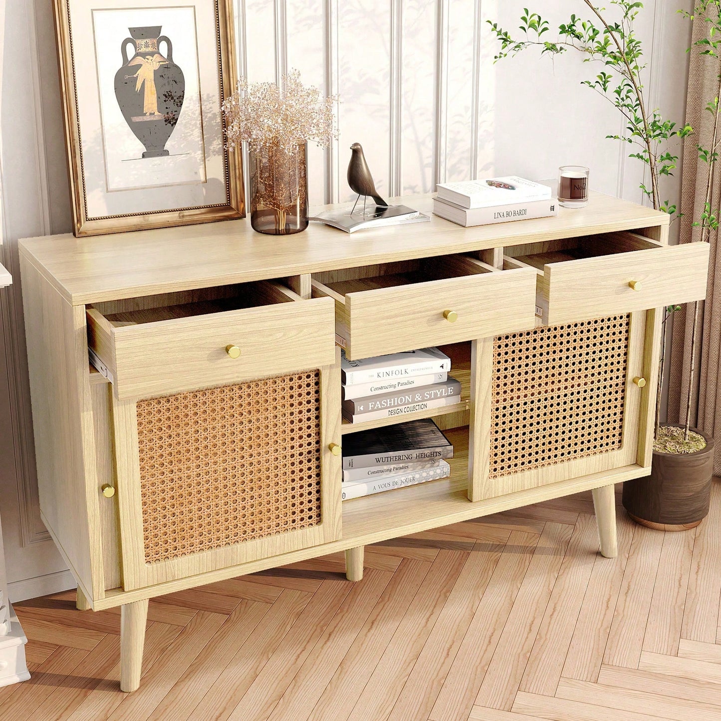 Sideboard, Kommode mit 3 Schubladen und 3 Schiebetüren, Rattangeflecht auf den Türfronten, Beine aus massivem Holz, Golden Metall Bügelgriff,verstellbare Ablagen,Eiche,120x 40x78cm