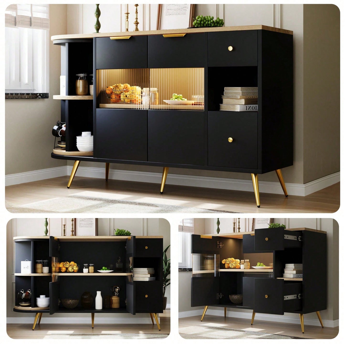 Sideboard Esszimmer Wohnzimmer Aufbewahrungsschränke mit Glasschiebetüren und LED-Leuchten Holzanrichte Freistehende Schränke Buffetschränke Küchenmöbel Schwarz