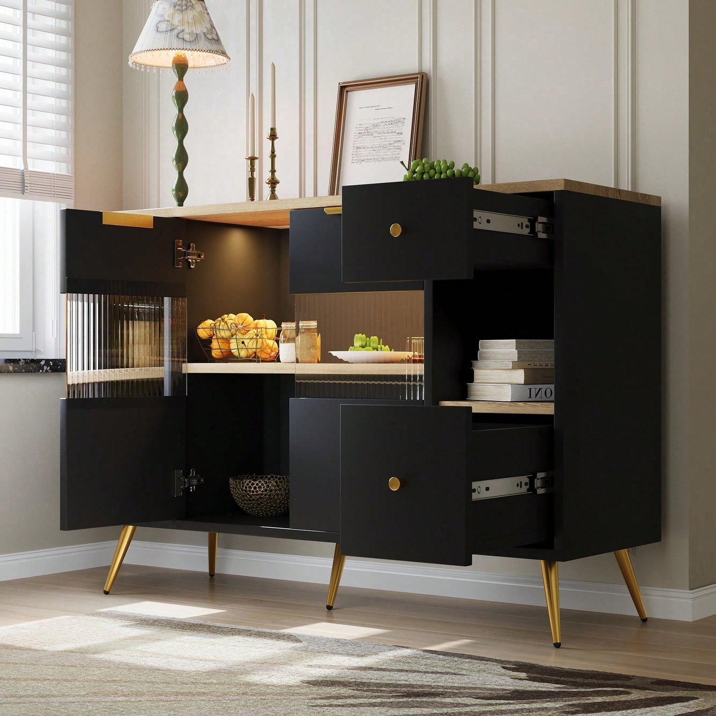 Sideboard Esszimmer Wohnzimmer Aufbewahrungsschränke mit Glasschiebetüren und LED-Leuchten Holzanrichte Freistehende Schränke Buffetschränke Küchenmöbel Schwarz
