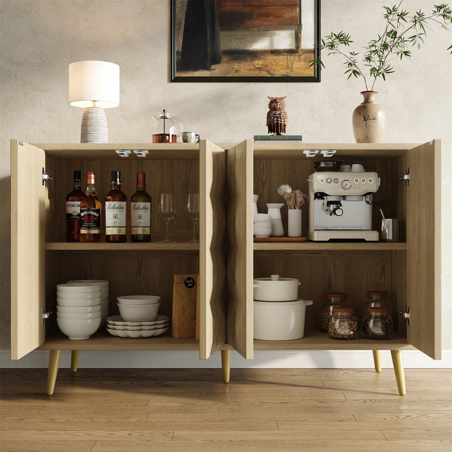 Schrank (120*35*78cm), Esszimmer- und Wohnzimmerschrank, Seitenschrank mit Stauraum, kippsicher, mit geprägter Tür, mit verstellbarem Brett, originale Holzfarbe