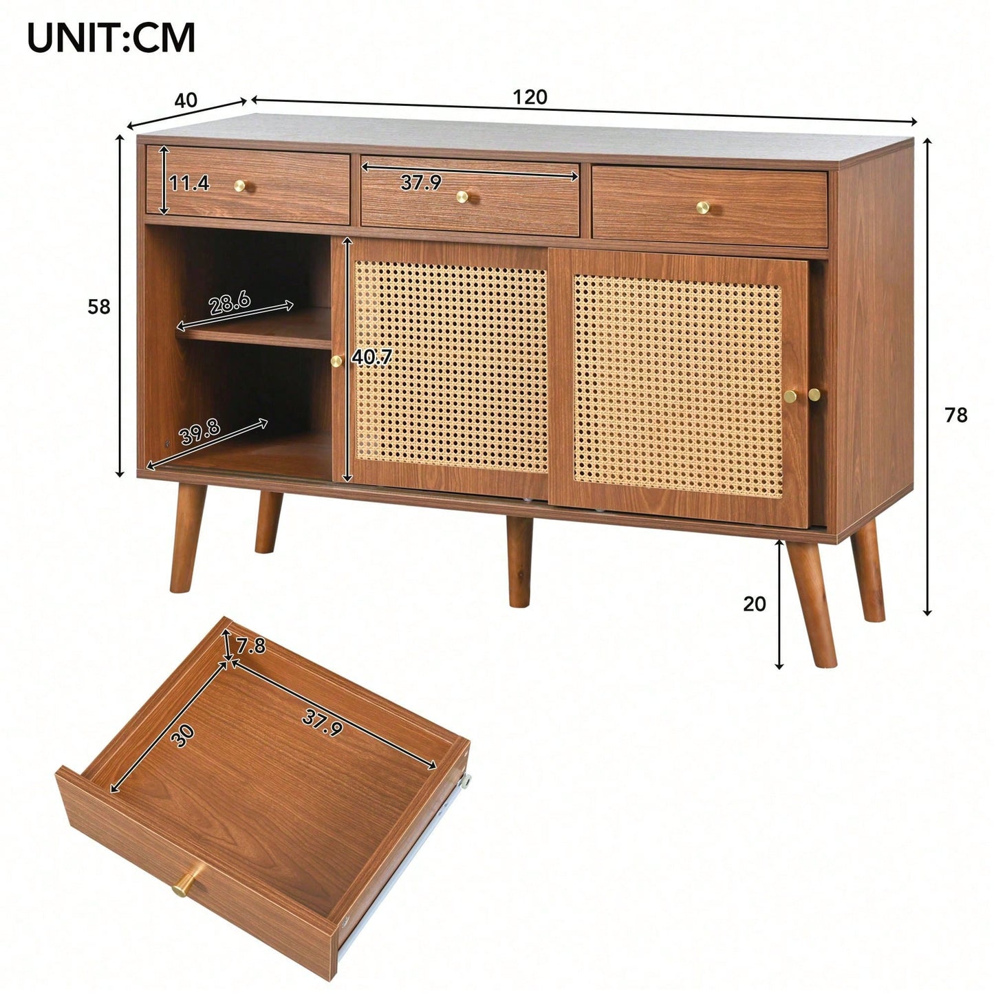 Sideboard, Kommode mit 3 Schubladen und 3 Schiebetüren, Rattangeflecht auf den Türfronten, Beine aus massivem Holz, Golden Metall Bügelgriff,verstellbare Ablagen,nussbaumfarben,120x 40x78cm