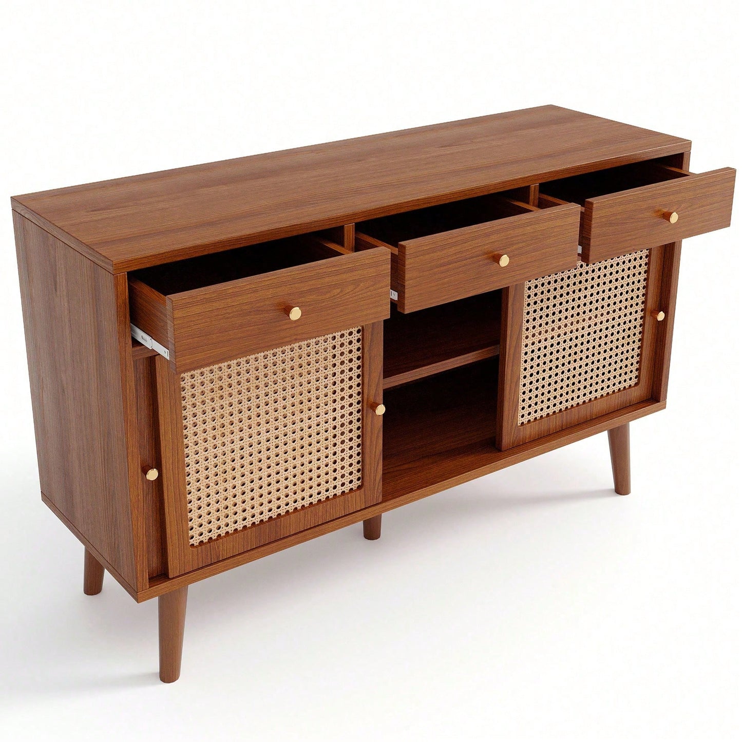 Sideboard, Kommode mit 3 Schubladen und 3 Schiebetüren, Rattangeflecht auf den Türfronten, Beine aus massivem Holz, Golden Metall Bügelgriff,verstellbare Ablagen,nussbaumfarben,120x 40x78cm