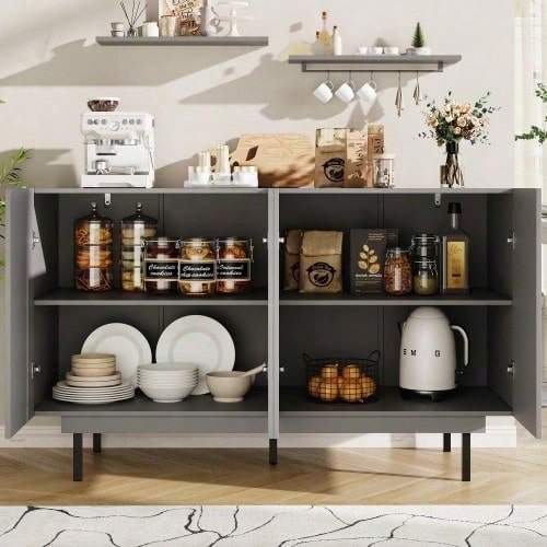 Esszimmerschrank (140*38,5*82,5cm), Esszimmer-Wohnzimmer-Aufbewahrungsschrank, einzigartiges Design, Schranktürdesign, freistehender Schrank, Minimalistisches Sideboard,Schwarz