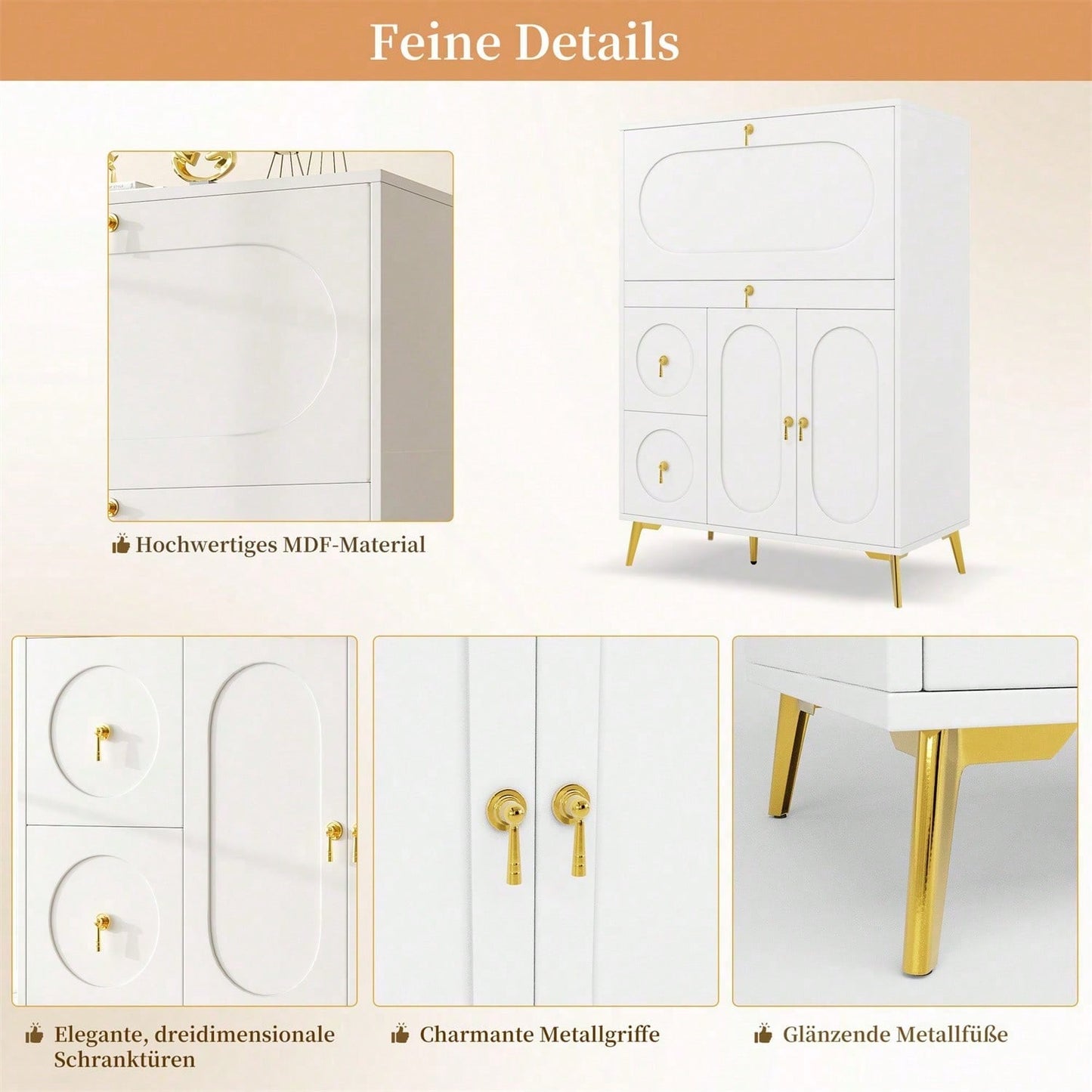 Küchenschrank (100*50*140cm), Vorratsschrank, Esszimmerschrank für Küche, Esszimmer und Wohnzimmer, Modernes Sideboard mit Falttüren, Schlicht und modern, Multifunktionaler Stauraum, Weiß