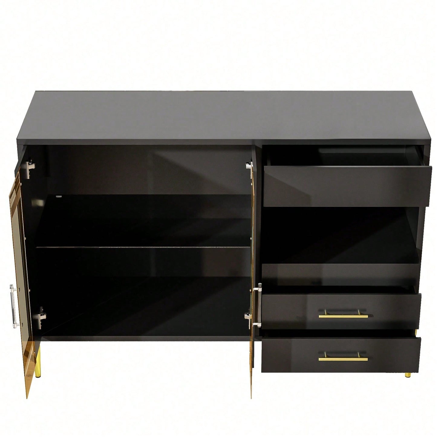 Leichtes, luxuriöses, modernes Sideboard mit eleganter, tealfarbener Glastür, Griffe aus Kristall-Acryl für Esszimmer und Wohnzimmer, galvanisierte, goldene Eisenbeine, schwarzer Korpus