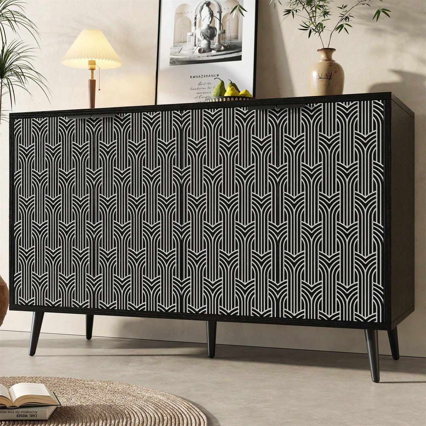 Esszimmerschrank (120*35*78cm), Esszimmer- und Wohnzimmer-Aufbewahrungsschrank, einzigartiges Schranktürdesign, freistehender Schrank, Antidumping, Fischgrätenmuster, geschnitzte Tür, schwarz
