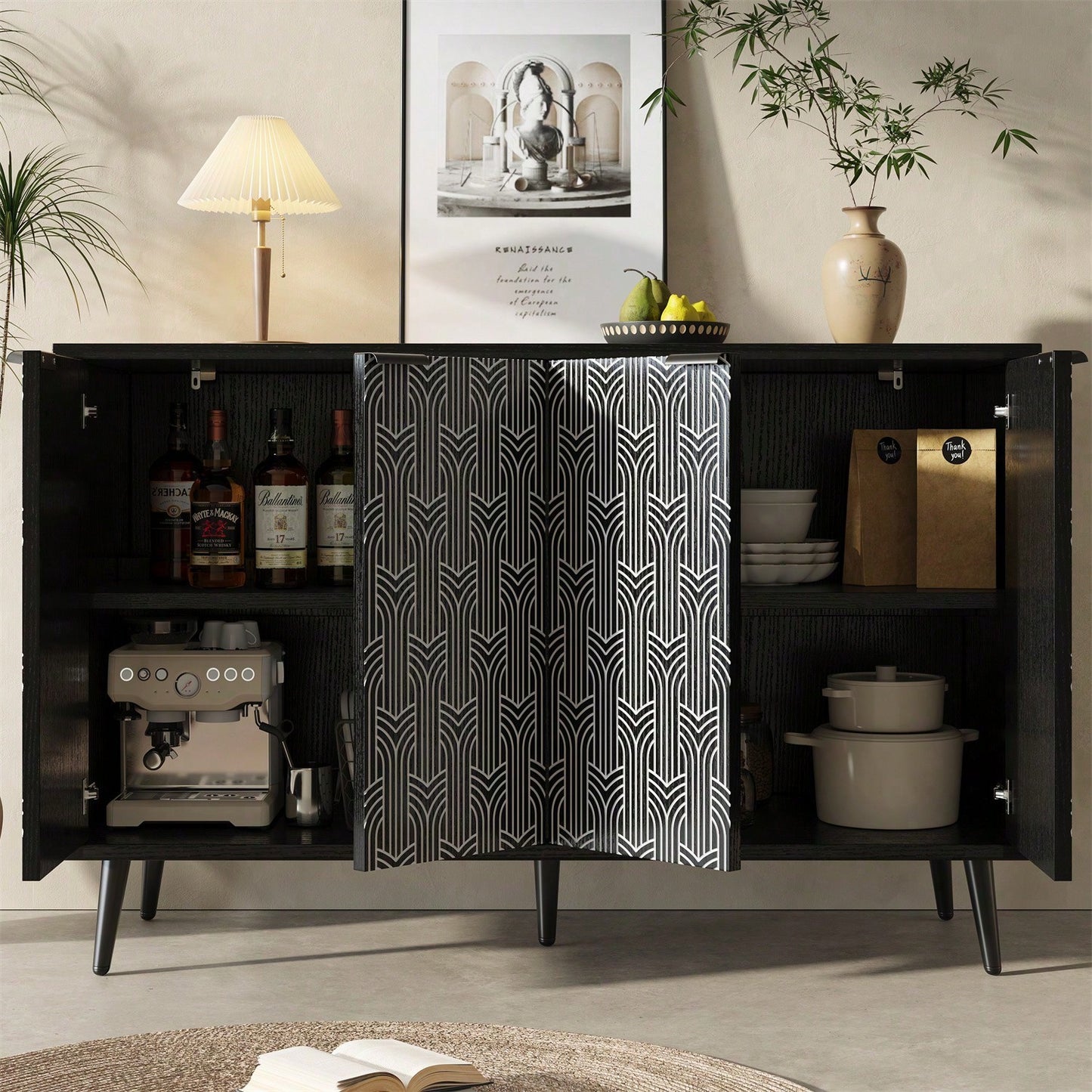 Esszimmerschrank (120*35*78cm), Esszimmer- und Wohnzimmer-Aufbewahrungsschrank, einzigartiges Schranktürdesign, freistehender Schrank, Antidumping, Fischgrätenmuster, geschnitzte Tür, schwarz