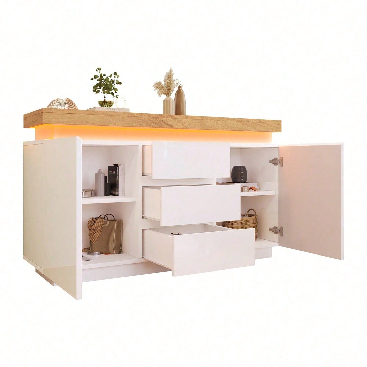 Kommode, Hochglanz Sideboard mit 2 Türen und 3 Schubladen, LED Beleuchtung (App Control), Mehrzweckschrank für Wohnzimmer und Schlafzimmer, 81 x 140 x 39 cm, Weiß