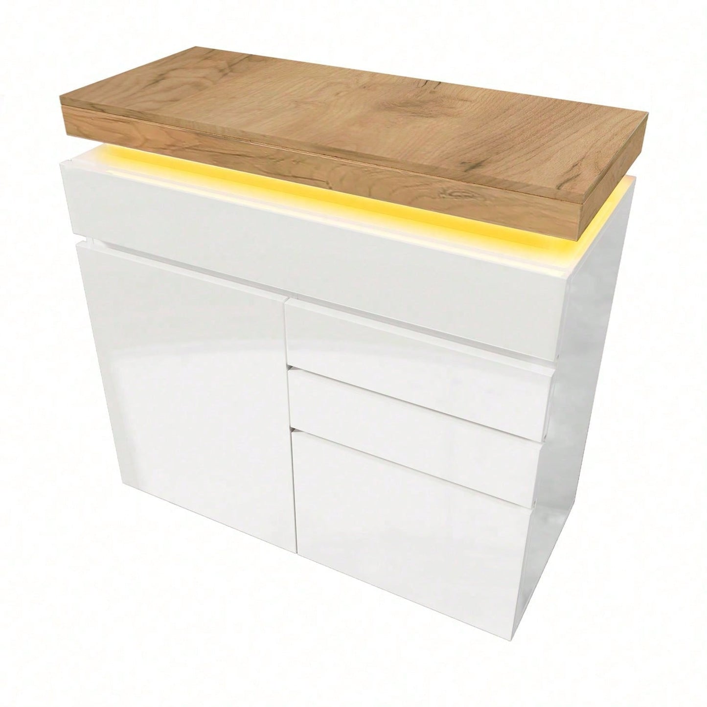 Kommode, Hochglanz Sideboard mit 2 Türen und 3 Schubladen, LED Beleuchtung (App Control), Mehrzweckschrank für Wohnzimmer und Schlafzimmer, 115 x 110 x 39 cm, Weiß