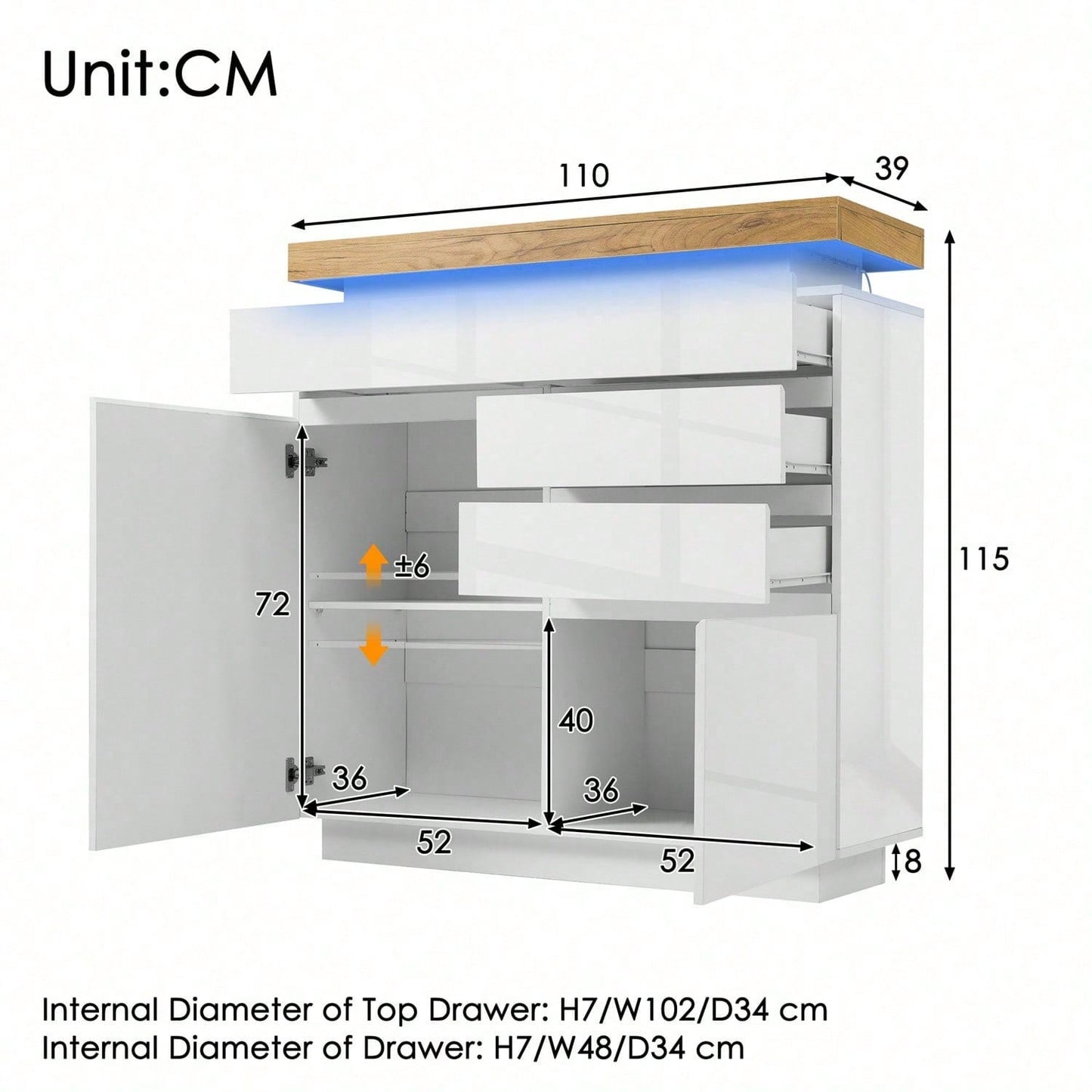 Kommode, Hochglanz Sideboard mit 2 Türen und 3 Schubladen, LED Beleuchtung (App Control), Mehrzweckschrank für Wohnzimmer und Schlafzimmer, 115 x 110 x 39 cm, Weiß