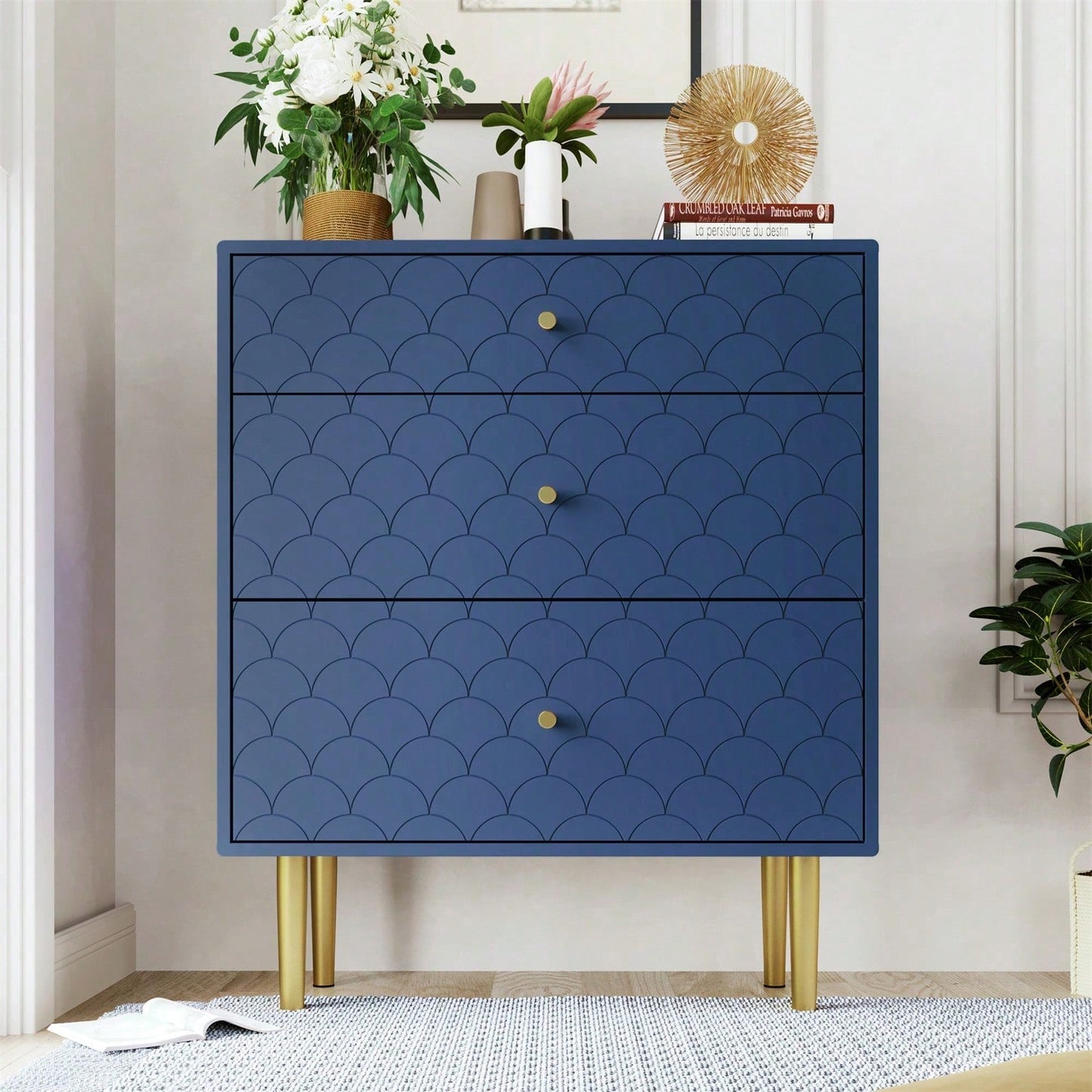 Schubladenkommode Kommode mit 3 Schubladen, Sideboard Highboard für Schlafzimmer & alle Wohnräume,Marineblau-H89/B75/T40 cm