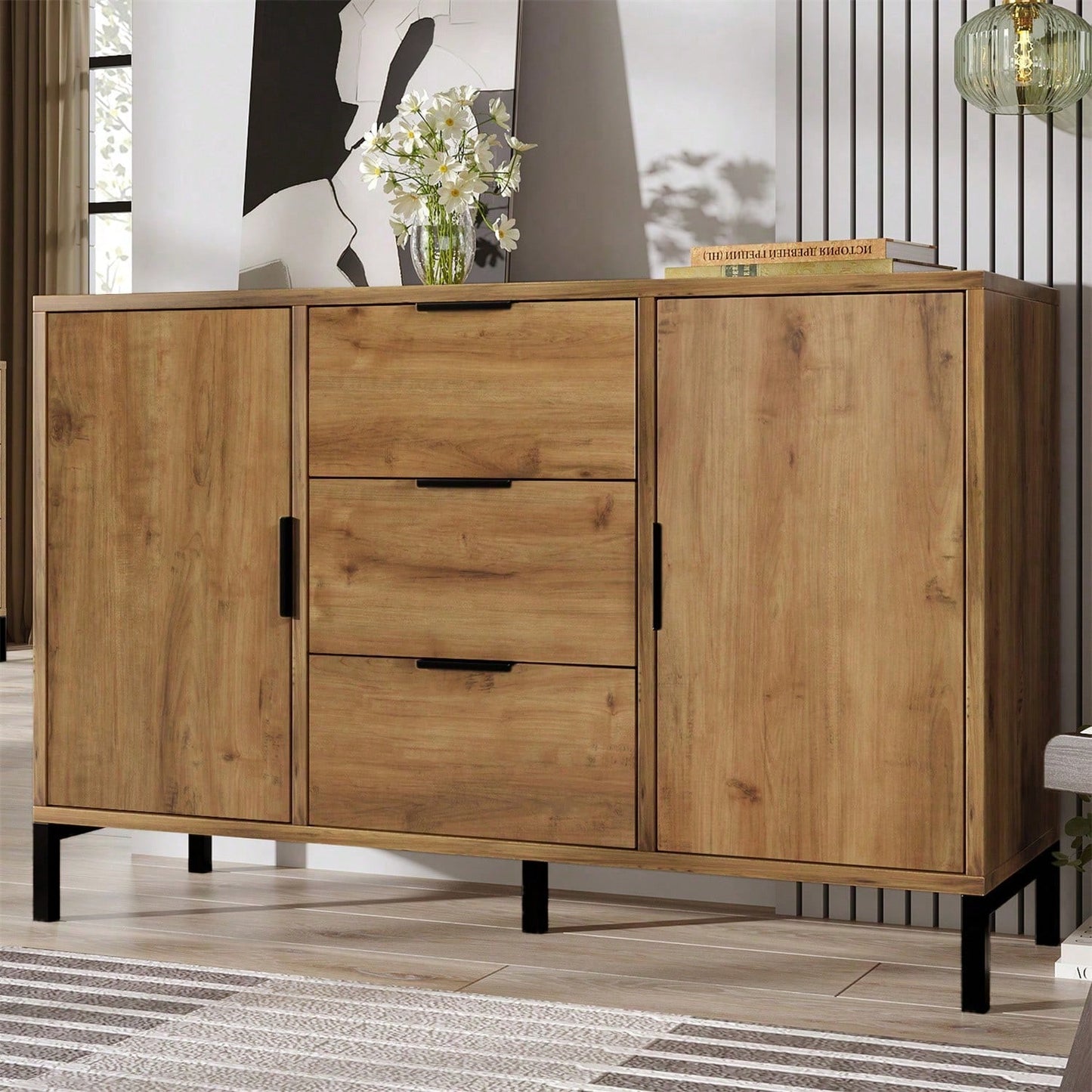 Kommode mit 2 Türen und 3 Schubladen, 120 x 40 x 76 cm in Dunkle Eiche, Verstellbare Ablage, Sideboard Highboard für Schlafzimmer & alle Wohnräume