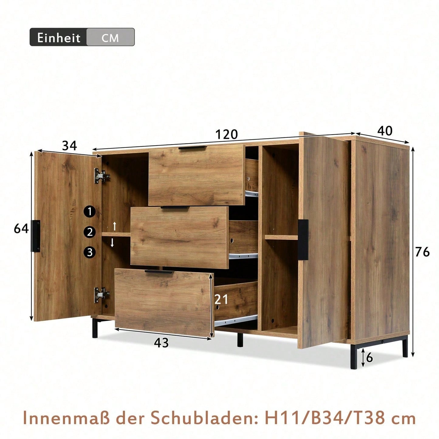 Kommode mit 2 Türen und 3 Schubladen, 120 x 40 x 76 cm in Dunkle Eiche, Verstellbare Ablage, Sideboard Highboard für Schlafzimmer & alle Wohnräume