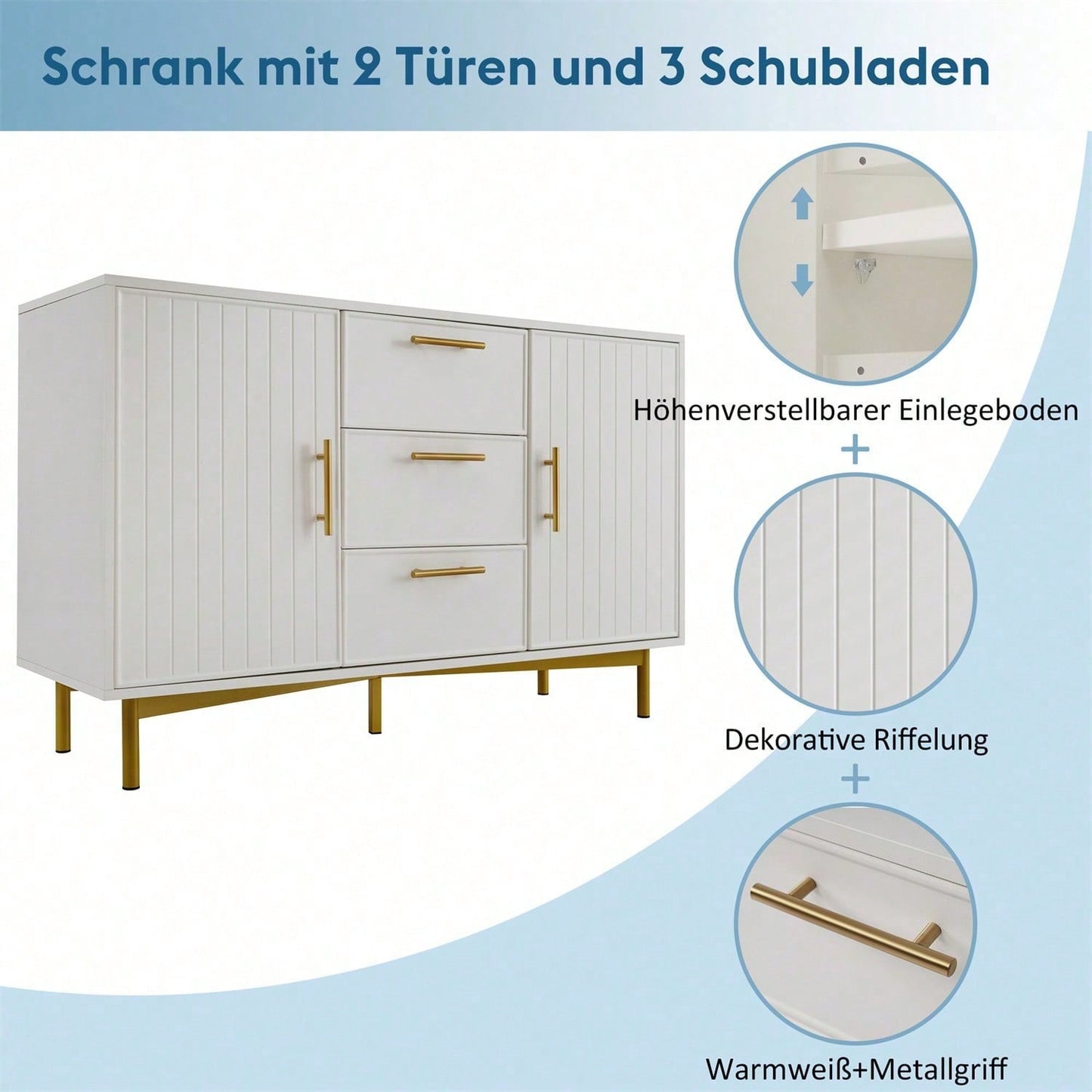 Kommode mit 2 Türen und 3 Schubladen, Weiß Türkommoden mit Schubkasten, Verstellbare Ablage, für Wohnzimmer Schlafzimmer, Weiß-H75/B120/T40 cm