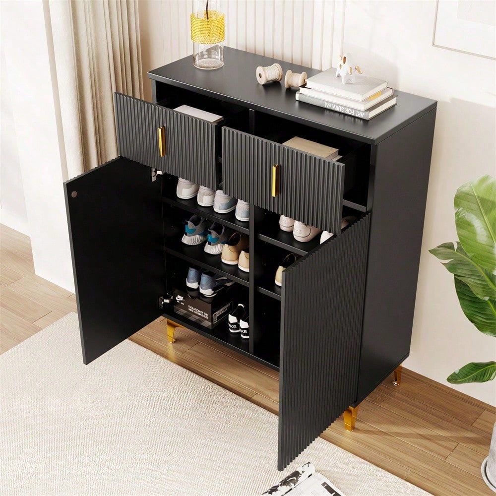 Eleganter Sideboard/Schuhschrank mit Strukturpaneelen, verstellbaren Einlegeböden und vergoldeten Verzierungen, mit Schubladen