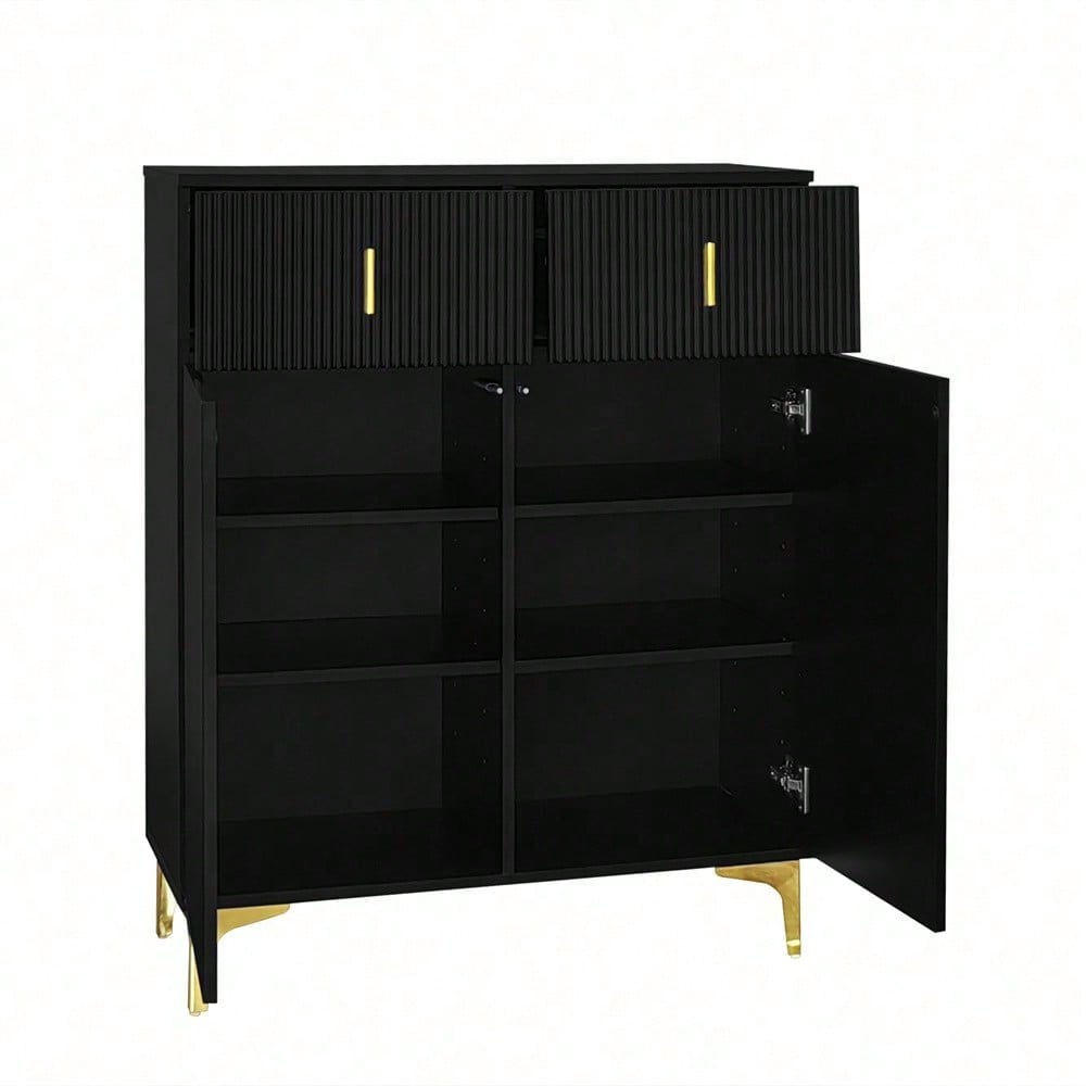 Eleganter Sideboard/Schuhschrank mit Strukturpaneelen, verstellbaren Einlegeböden und vergoldeten Verzierungen, mit Schubladen
