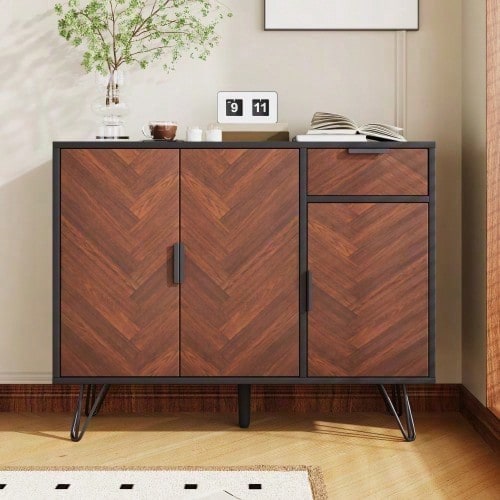 Moderner Aufbewahrungsschrank, Sideboard in Schwarz und Holzoptik mit Schublade und höhenverstellbaren Einlegeböden (90 x 30 x 71,5 cm)