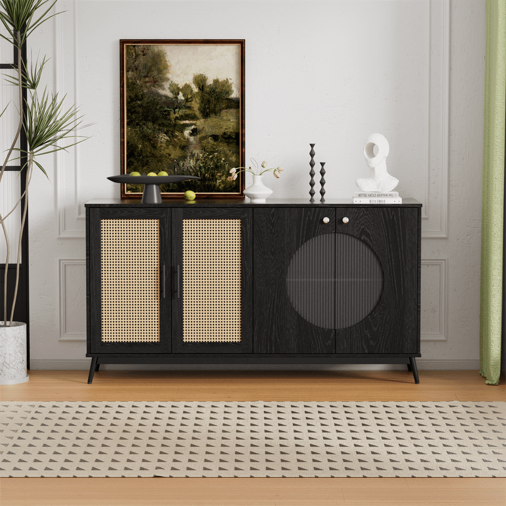 Sideboard mit Glastüren aus Rattan, halbrunde Tür, hochwertige Aufbewahrungsmöbel