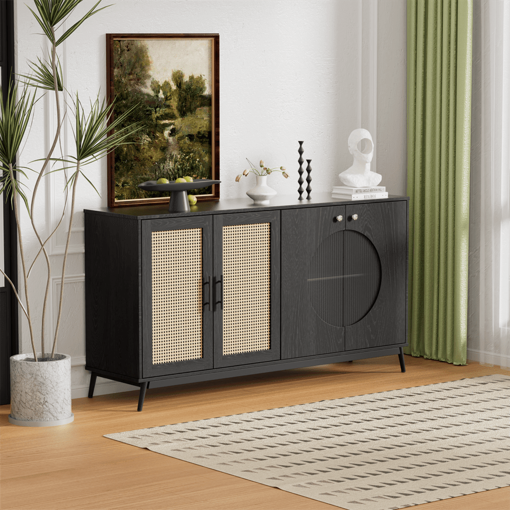 Sideboard mit Glastüren aus Rattan, halbrunde Tür, hochwertige Aufbewahrungsmöbel