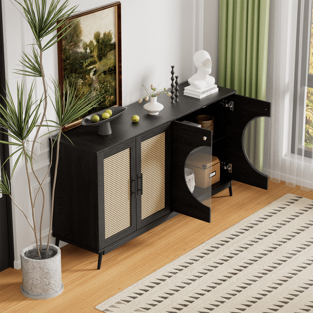 Sideboard mit Glastüren aus Rattan, halbrunde Tür, hochwertige Aufbewahrungsmöbel