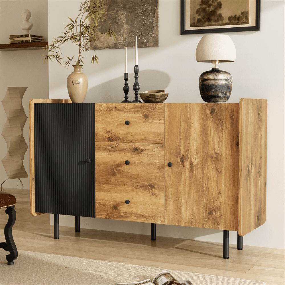 120 cm Schwarzer und Holzfarbener Sideboard - Moderner Stil, Zwei Türen und Drei Schubladen