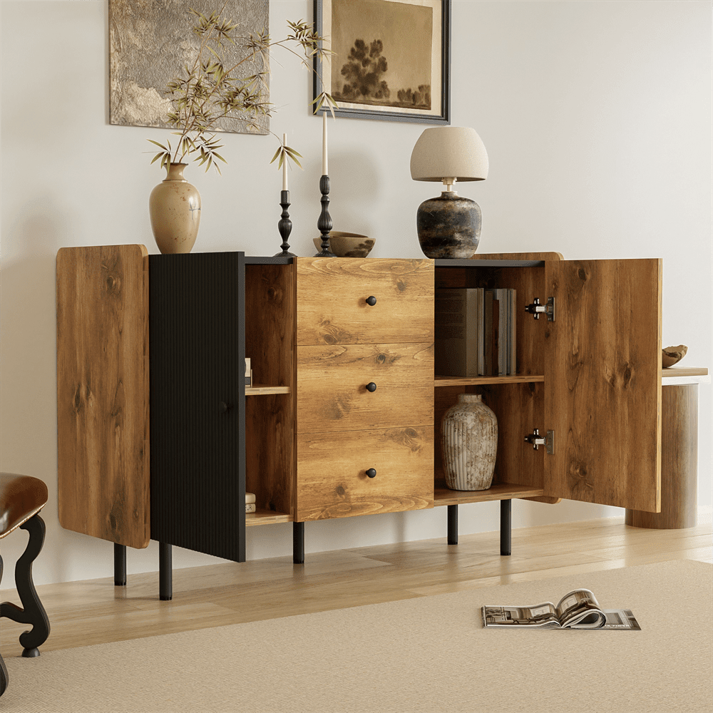 120 cm Schwarzer und Holzfarbener Sideboard - Moderner Stil, Zwei Türen und Drei Schubladen