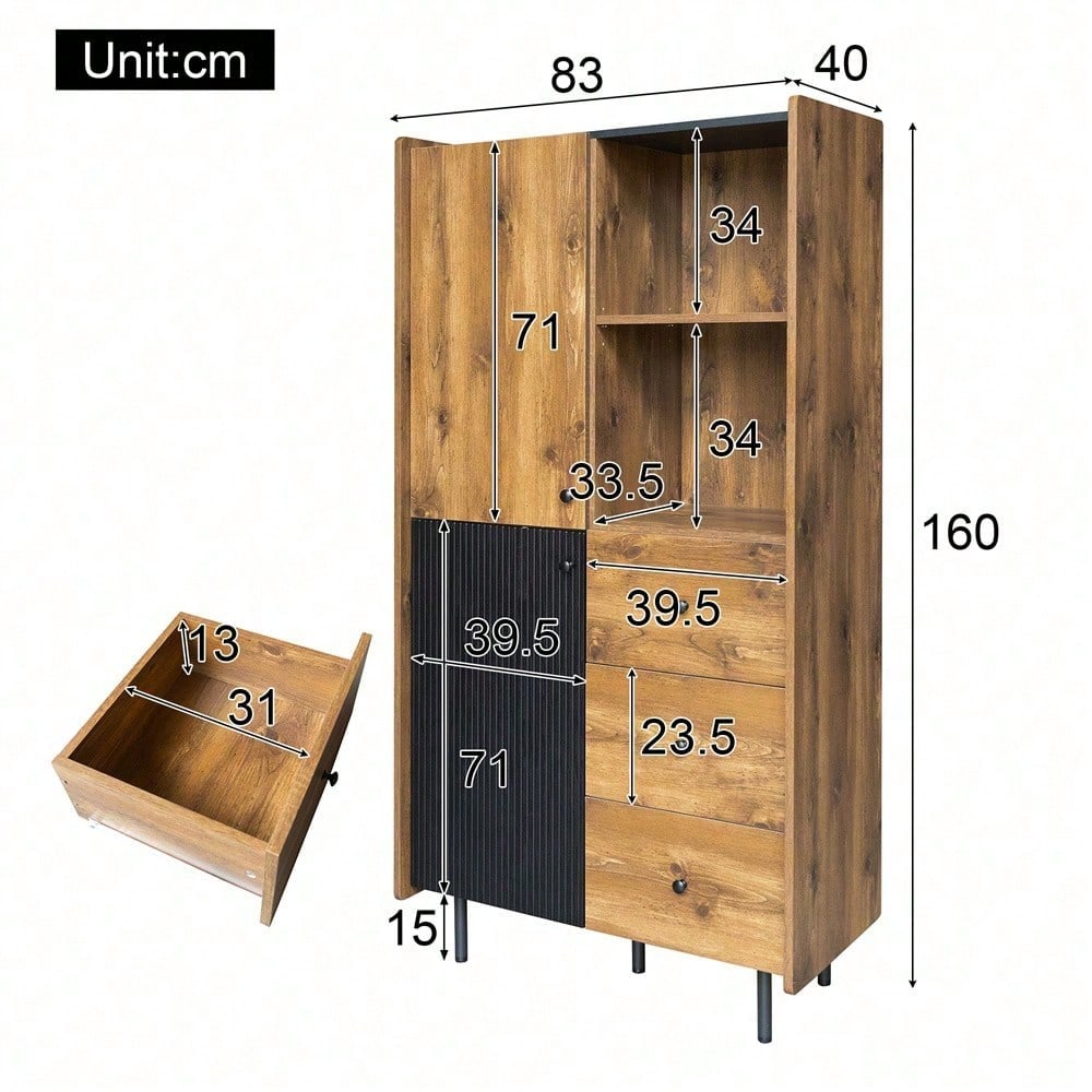 Sideboard - 160 cm hoch, modernes Sideboard mit zwei Türen, drei Schubladen und offenen Regalen