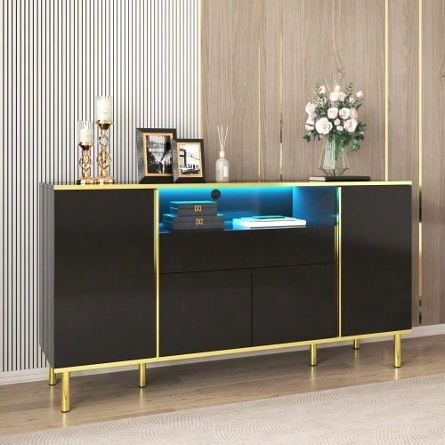 Sideboard, hochglänzende schwarze Kommode mit 1 Schublade, Kommode, Schlafzimmerkommode, hochglänzendes schwarzes Sideboard – B150/T40/H80cm
