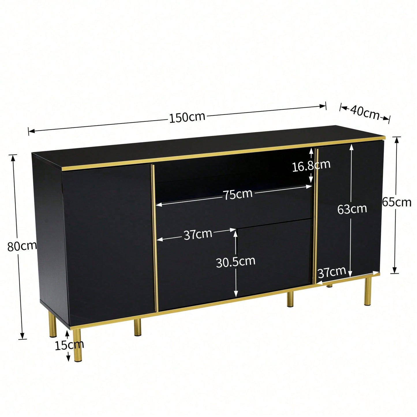 Sideboard, hochglänzende schwarze Kommode mit 1 Schublade, Kommode, Schlafzimmerkommode, hochglänzendes schwarzes Sideboard – B150/T40/H80cm