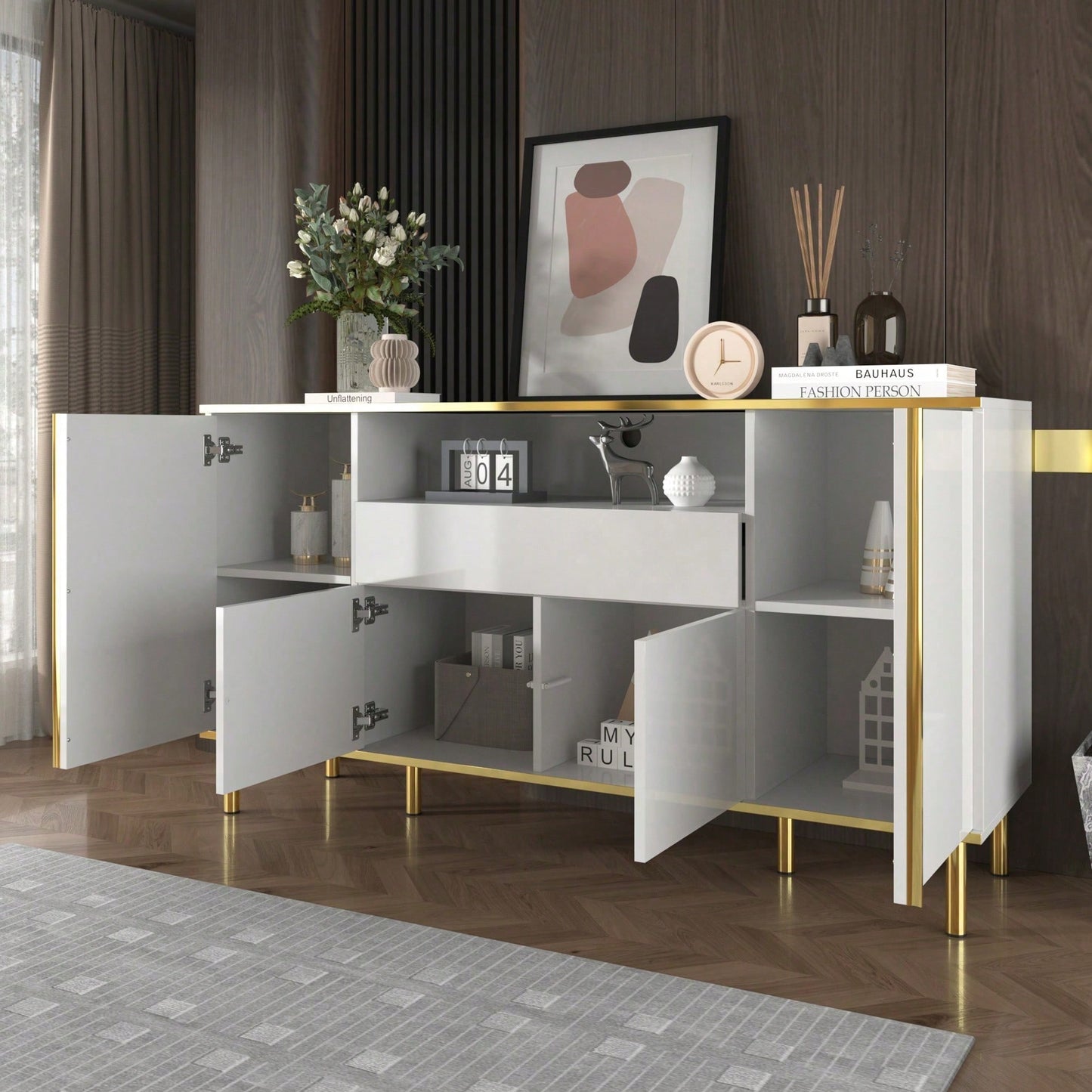 Sideboard, hochglänzende schwarze Kommode mit 1 Schublade, Kommode, Schlafzimmerkommode, hochglänzendes schwarzes Sideboard – B150/T40/H80cm