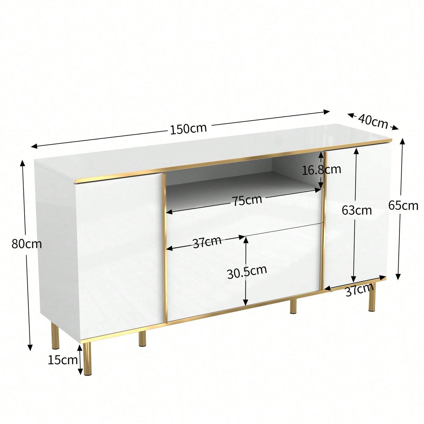 Sideboard, hochglänzende schwarze Kommode mit 1 Schublade, Kommode, Schlafzimmerkommode, hochglänzendes schwarzes Sideboard – B150/T40/H80cm