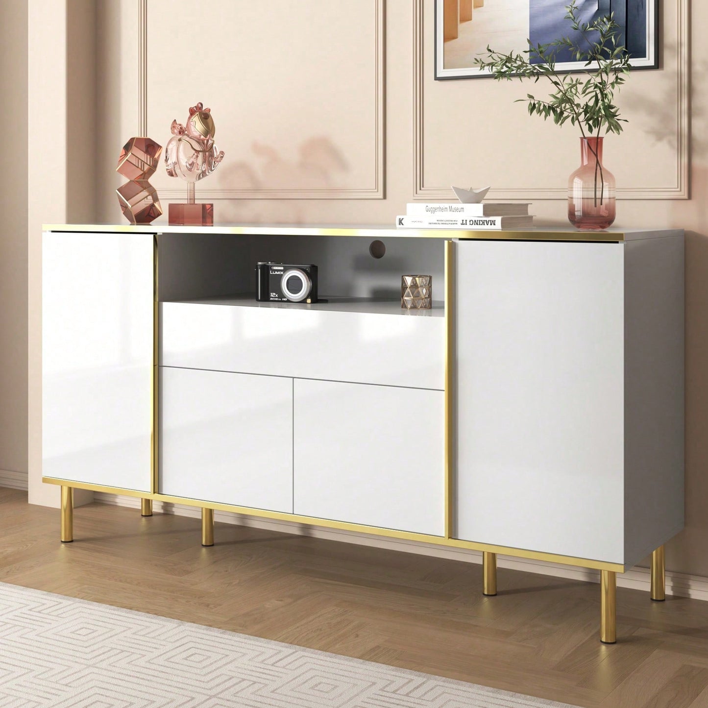 Sideboard, hochglänzende schwarze Kommode mit 1 Schublade, Kommode, Schlafzimmerkommode, hochglänzendes schwarzes Sideboard – B150/T40/H80cm